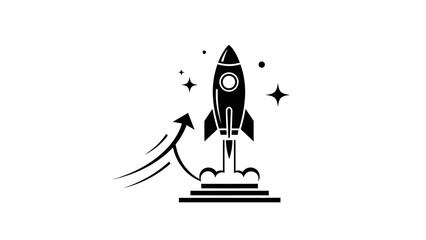 Black silhouette of a rocket launching upwards with an arrow indicating growth and stars, symbolizing startup success and innovation.