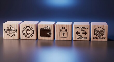 Six wooden blocks with icons representing blockchain, cryptocurrency, wallet, security, exchange, and data block.