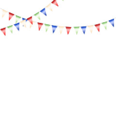 Colorful halftone bunting flags on a white background, festive triangular garlands creating a cheerful celebration border.
