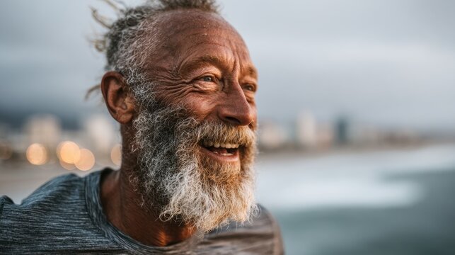 Senior man enjoys morning run along boardwalk near ocean for healthy lifestyle and longevity - Powered by Adobe