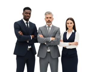 Confident and diverse business team of three corporate professionals in stylish suits, standing with arms crossed, exuding leadership and success, isolated on transparent background.