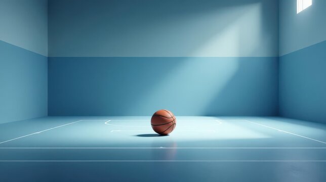 A lone basketball rests on a pale blue indoor court bathed in sunlight - Powered by Adobe