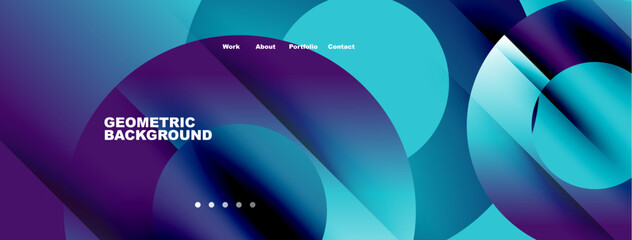 Abstract geometric background. Blue, purple hues blend. Minimalist design features text, navigation elements. Modern aesthetic.