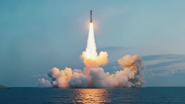 A dramatic view of a space rocket ascending into the sky above the ocean horizon, releasing fiery exhaust and white smoke, engineering progress, exploration, innovation, and technological advancement.
