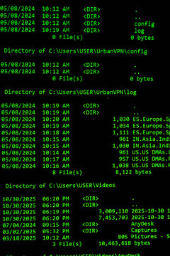 Green text on black background showing directory details on a computer screen.