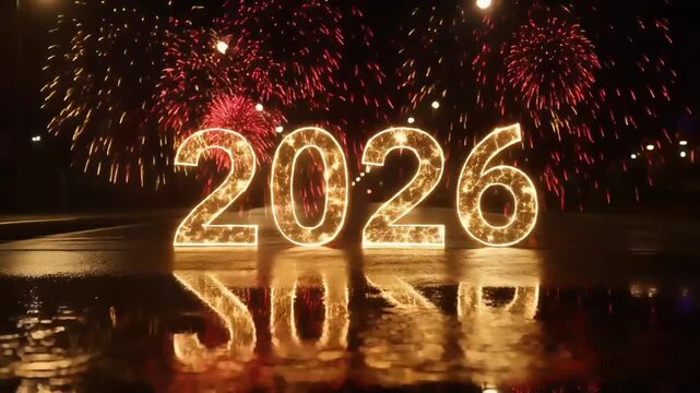 Glowing illuminated numbers 2026 reflected on wet ground with vibrant fireworks exploding in the background at night.