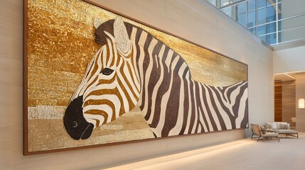 Large zebra painting is on the wall of a room. The zebra is depicted in a relaxed pose, with its head resting on its chest. The painting is surrounded by a white wall