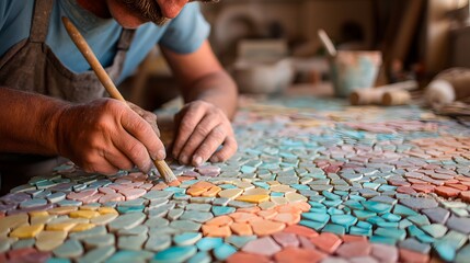 Man is painting a mosaic tile floor. The tiles are colorful and the man is using a brush to apply the paint. Concept of creativity and craftsmanship