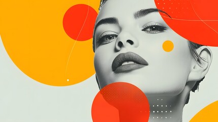 Woman with red lips and a black nose is the center of a colorful, abstract background. The image is meant to convey a sense of boldness and confidence, as the woman's lips are painted red