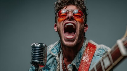 Rock singer shouts passionately into microphone, playing electric guitar on grey background, capturing the energy of live music performance and rave atmosphere