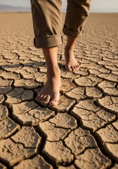 Barefoot Walk Across Parched Cracked Soil Under Desolate Desert Sun During Outdoor Adventure In Arid Landscape