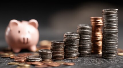 Miniature senior people figurines climbing stacks of gold coins towards a pink piggy bank representing retirement savings and investment growth