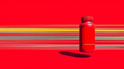 Red bottle of pills is on a red background. The bottle is the main focus of the image