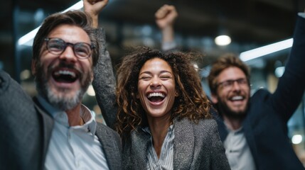Business team celebrates a major victory in modern office, smiling and raising arms with positive emotion due to successful project results