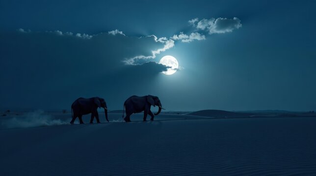 Two Elephants Silhouetted Against a Bright Moon in a Sandy Desert at Night - Powered by Adobe