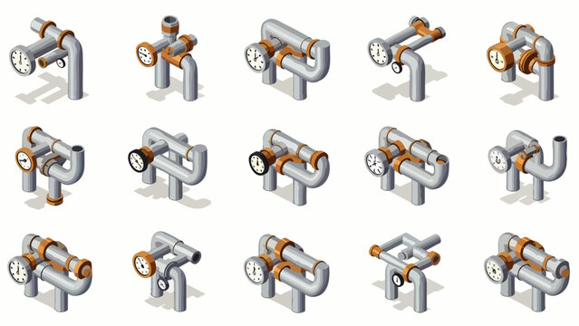 This detailed isometric illustration set showcases diverse industrial pipe systems, featuring intricate connections, valves, and pressure gauges, ideal for engineering projects.