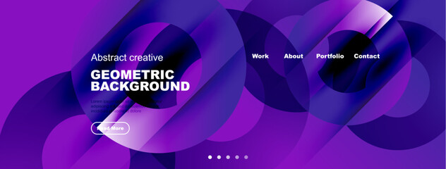 Abstract geometric background design. Vibrant purple, blue hues create modern aesthetic. Minimalist text elements present work information.