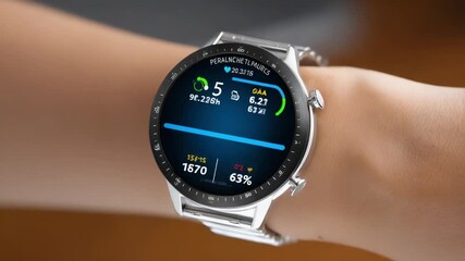 Smartwatch on Wrist: Modern tech on display, A stylish smartwatch is showcased on a wrist, displaying a user interface with its sleek design, highlighting technological advancement, time. - Powered by Adobe