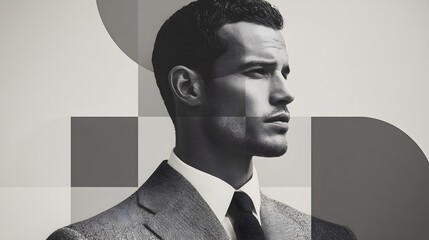 Man in a suit and tie is the main focus of the image. The man is wearing a tie and is standing in front of a white background. The image has a modern and sophisticated feel to it