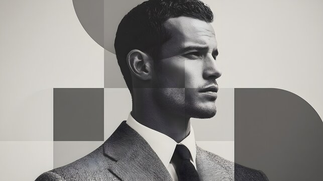 Man in a suit and tie is the main focus of the image. The man is wearing a tie and is standing in front of a white background. The image has a modern and sophisticated feel to it