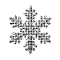 Halftone snowflake icon with detailed symmetrical shape in black dots on white background. Minimalist winter symbol for holiday design, decoration, and seasonal graphic projects.