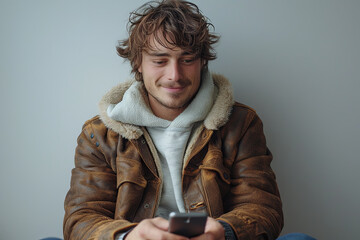 Young Man In Brown Leather Jacket With Smartphone
