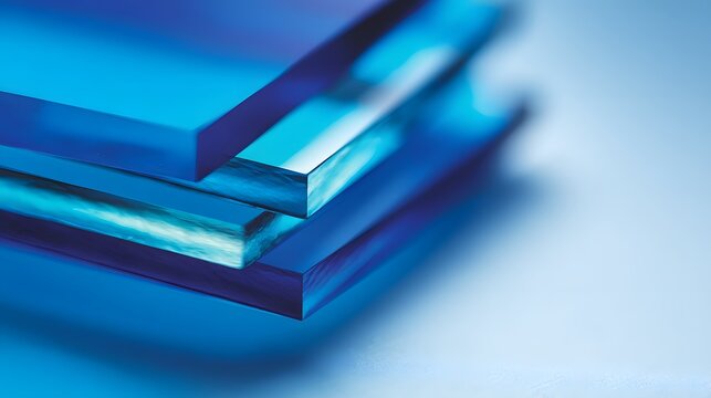 Blue piece of glass is shown in a stack. Concept of stability and strength, as the glass is held together by its own weight and the weight of the other pieces