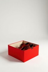 Fototapeta premium A pair of elegant brown leather shoes nestled inside a vibrant red box, ready for a special occasion or a new beginning.