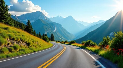 Fototapeta premium A scenic winding road journey through a majestic mountain range on a bright sunny day with vibrant wildflowers blooming along the roadside