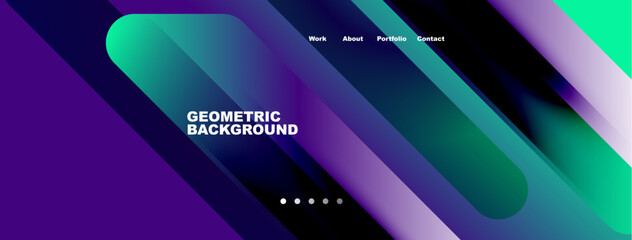 Abstract geometric background. Gradient colors create dynamic visual effect. Navigation menu present at top. Minimalist design.