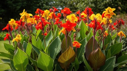 A vibrant flower garden with red and yellow canna lilies in full bloom. © sambath