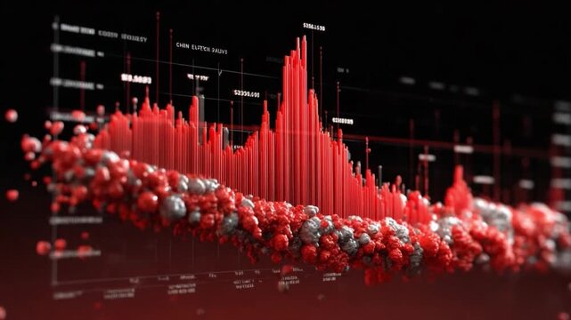 Data Visualization in Red: A dynamic data visualization, rendered in bold red hues, shows the rise and fall of statistical information, presenting a striking visual of interconnected datasets.