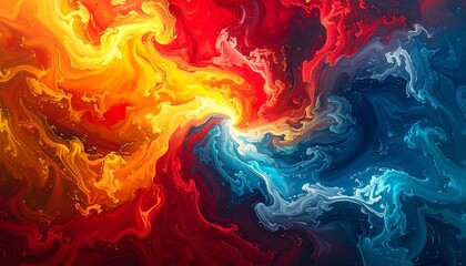 Abstract swirls of fire hues meet cool blue in an energetic, fluid, turbulent dance