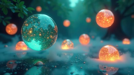 Fototapeta premium Enchanted Forest with Luminescent Orbs Floating on a Mystical Pond