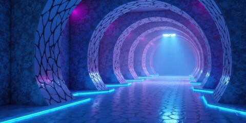 Fototapeta premium Futuristic Neon Lit Arched Pathway with Glowing Blue and Purple Illumination in an Abstract Architectural Space