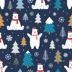 Christmas seamless pattern with Polar bear and Christmas tree on blue background. Design for textiles, wrapping paper, wallpaper. Vector illustration © Ammarit