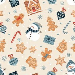 Christmas seamless pattern with snowman and gingerbread on light background. Design for textiles, wrapping paper, wallpaper. Vector illustration © Ammarit