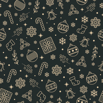Christmas seamless pattern with Christmas elements, Christmas decorations on black background. Design for textiles, wrapping paper, wallpaper. Vector illustration