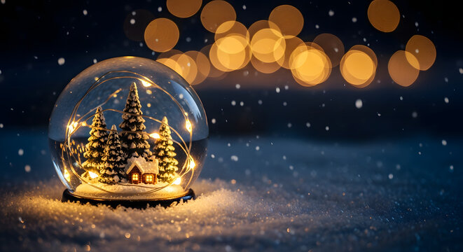 Cozy Snow Globe with Christmas Trees and Cabin on Snow, Glowing Fairy Lights Background - Powered by Adobe