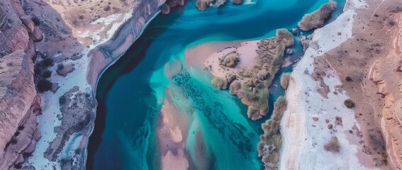 Majestic view of the winding river carving through colorful canyon landscape during a clear day