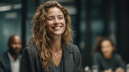 Empowered woman leads diverse team meeting in modern office, fostering collaboration and driving success for the Company