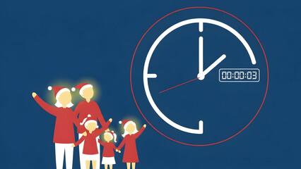 Family standing with a large countdown timer before New Year