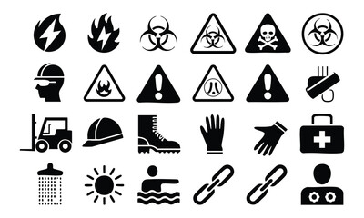 Industrial and Workplace Safety Icons Set, OSHA and General Safety Pictogram Collection, Hazard, Warning, and Protection Sign Icons, Health, Security, and Construction Safety Symbols, 