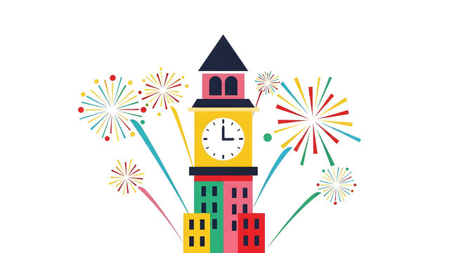 Abstract clock tower exploding with fireworks for New Year