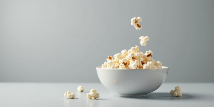 A Bowl of Buttery Popcorn with Pieces Falling into it on a Light Gray Surface - Powered by Adobe