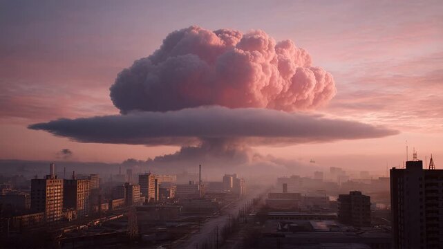 朝焼けの空に核の破滅を暗示する不穏な光景