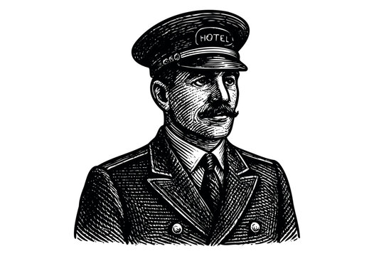 A vintage portrait of a uniformed conductor with a cap and a double-breasted suit in a retro engraved style &mdash; stock illustration.