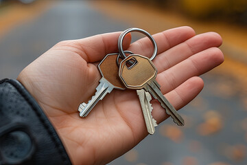 Car Key Held Against Urban Background