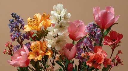 Spring flowers arrangement featuring tulip, dahlia, rose, muscari, and other spring blooms, creatively displayed against a pastel beige background for a minimalistic nature concept