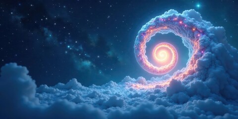 Celestial Spiral in a Dreamlike Cloudscape, Illuminated by Radiant Lights and Distant Stars